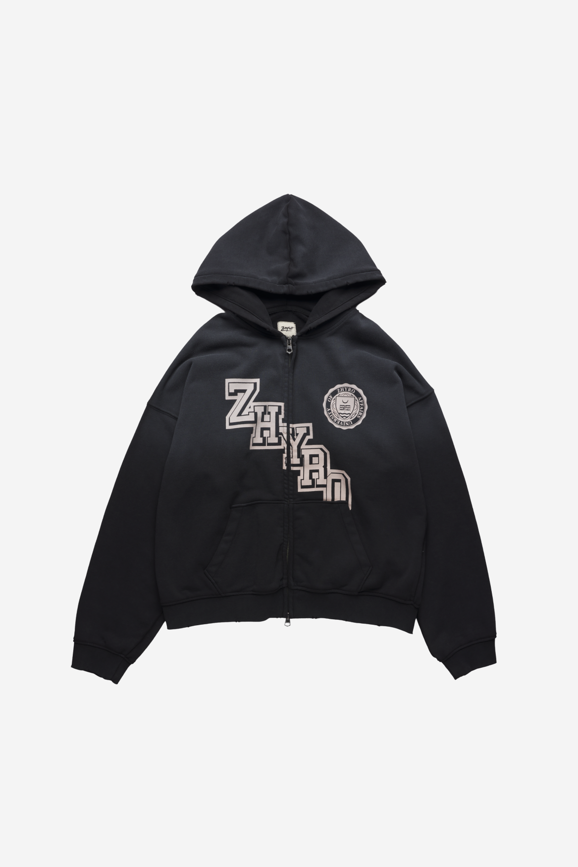 College Zip Hoodie in Sunfaded Black