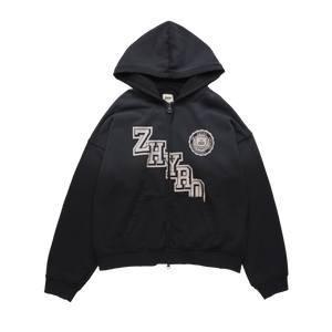 College Zip Hoodie in Sunfaded Black