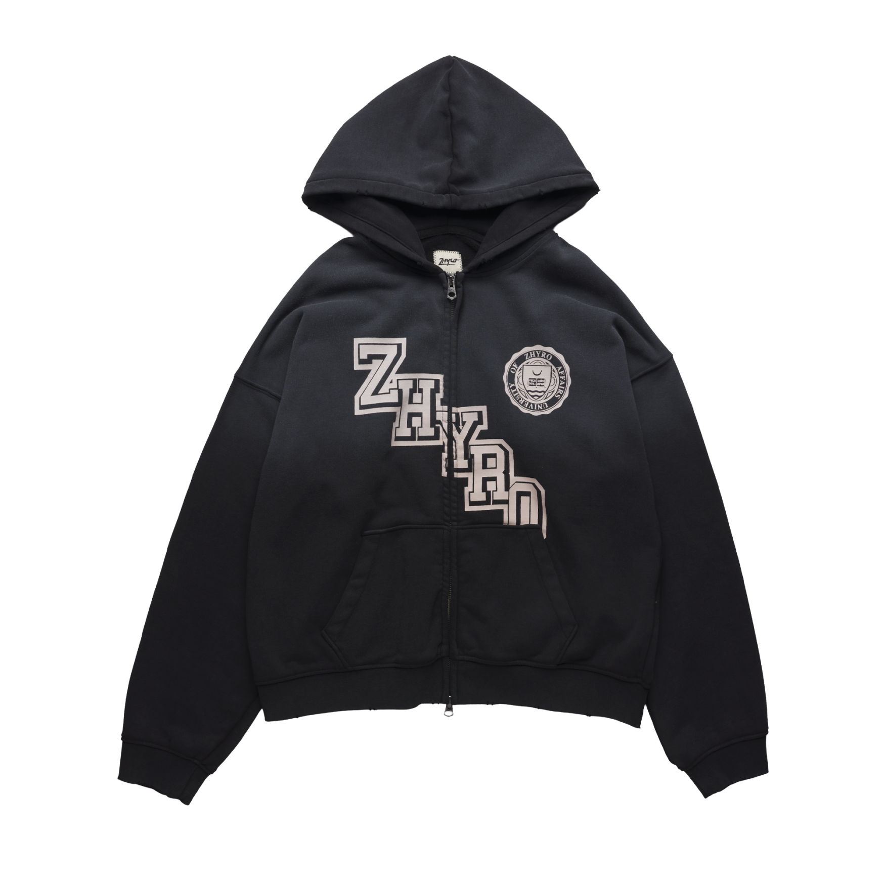 College Zip Hoodie in Sunfaded Black