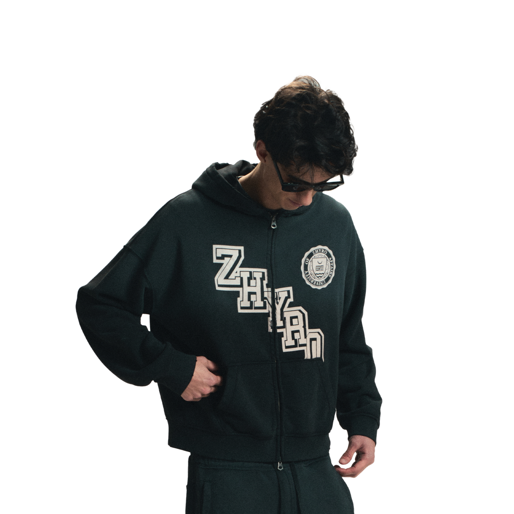 College Zip Hoodie in Sunfaded Black