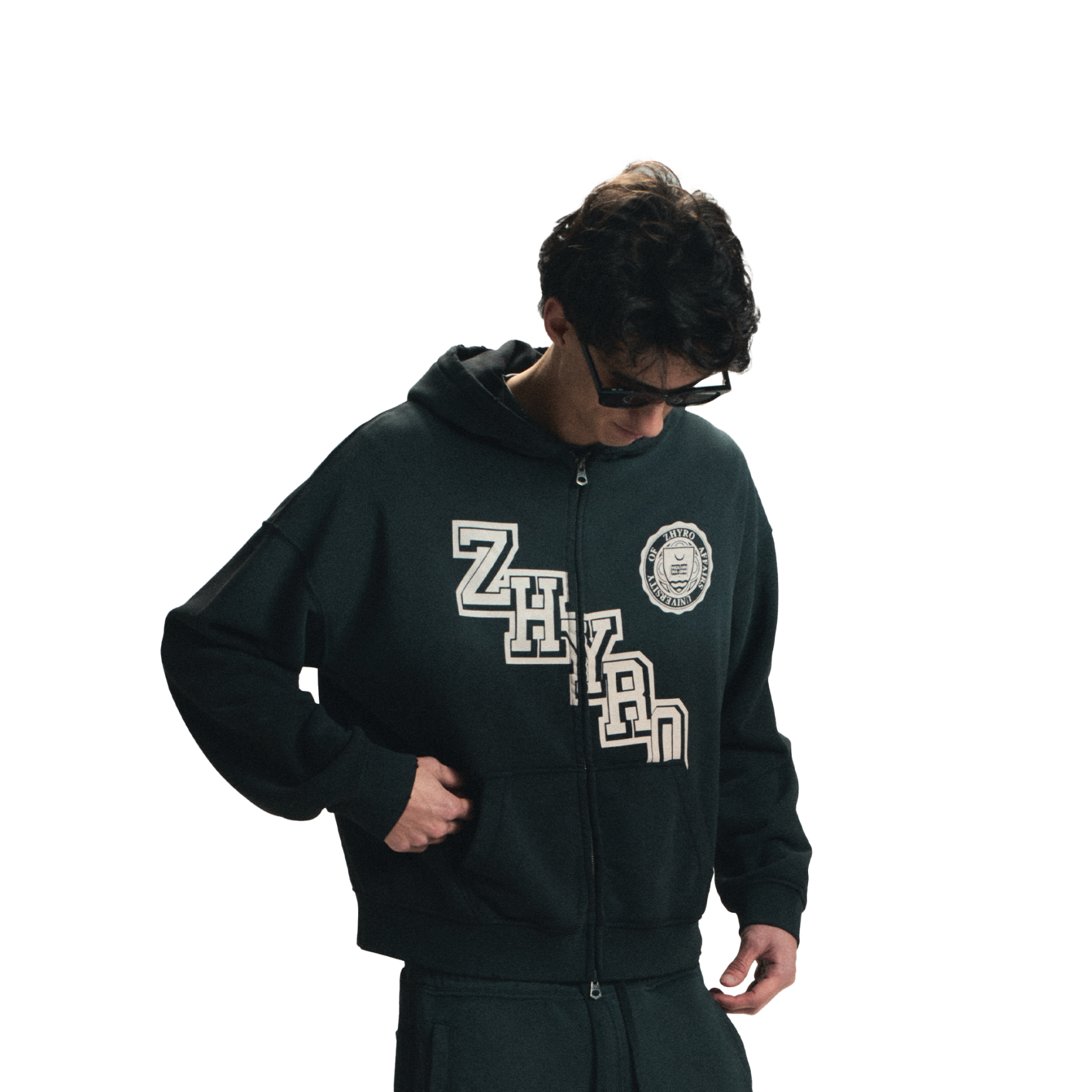 College Zip Hoodie in Sunfaded Black