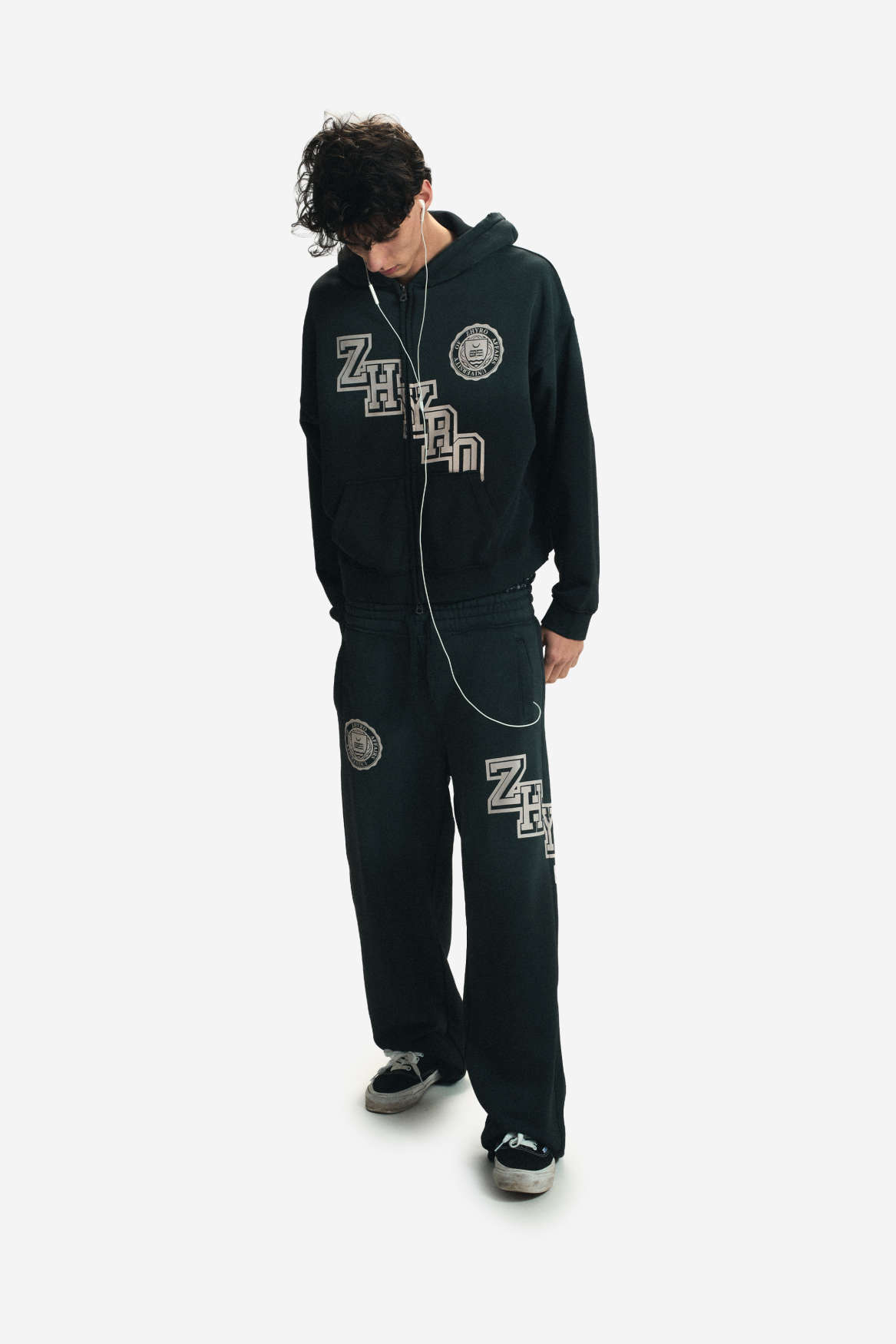 College Zip Hoodie in Sunfaded Black