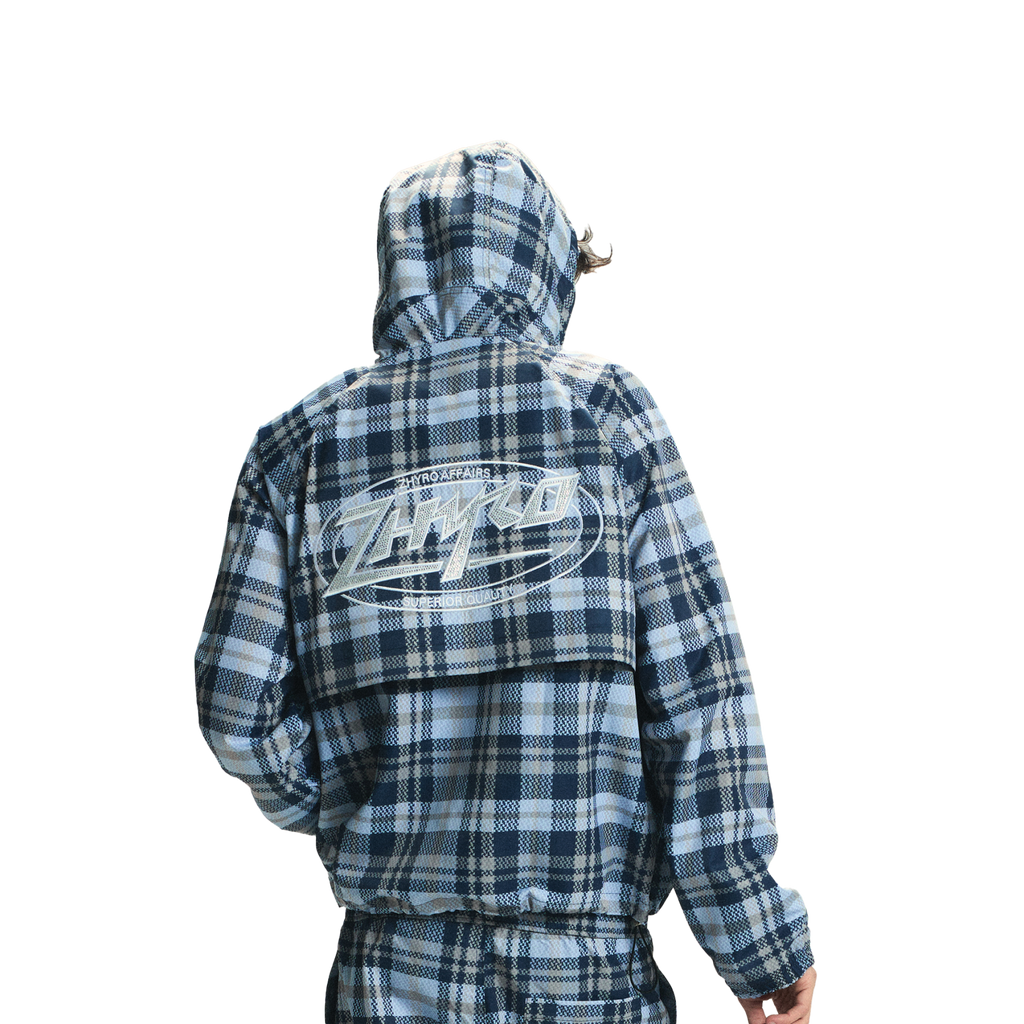 Hooded Plaid Windbreaker Jacket in Baby Blue