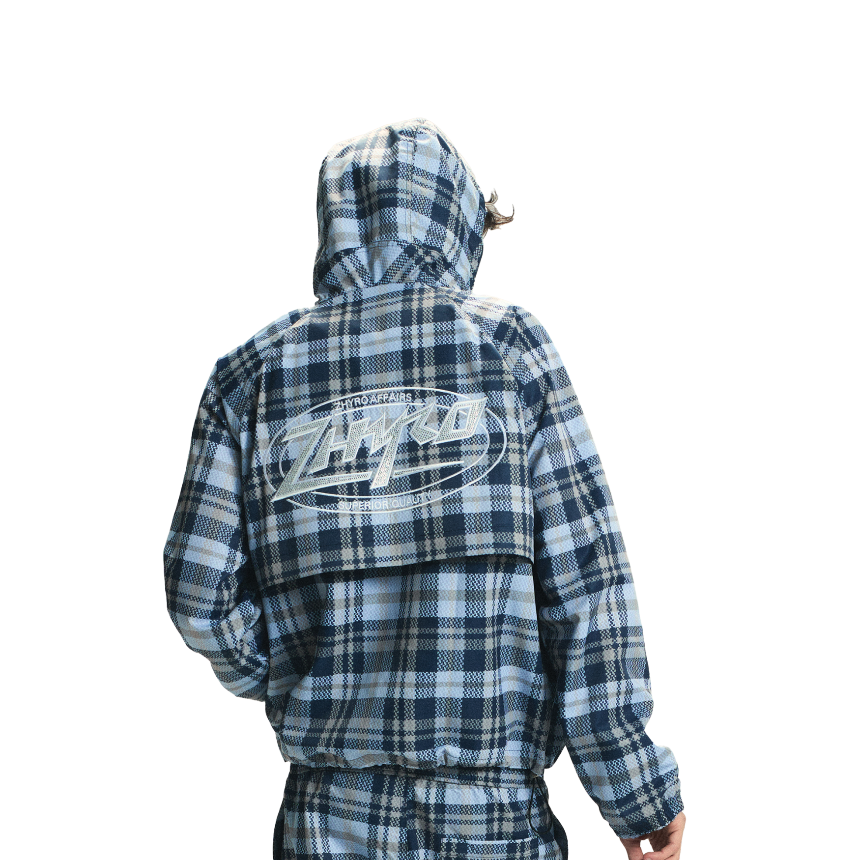 Hooded Plaid Windbreaker Jacket in Baby Blue