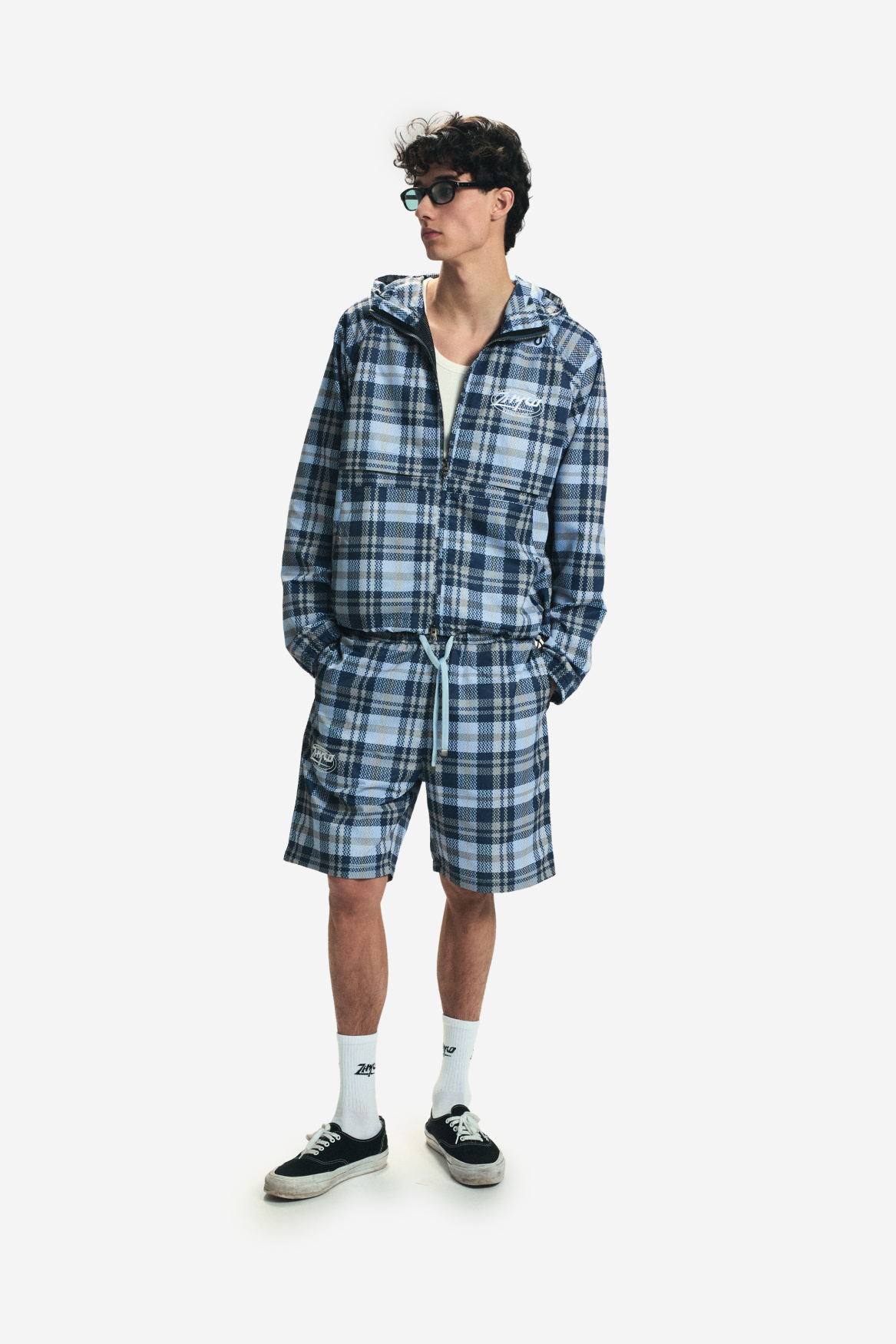 Hooded Plaid Windbreaker Jacket in Baby Blue