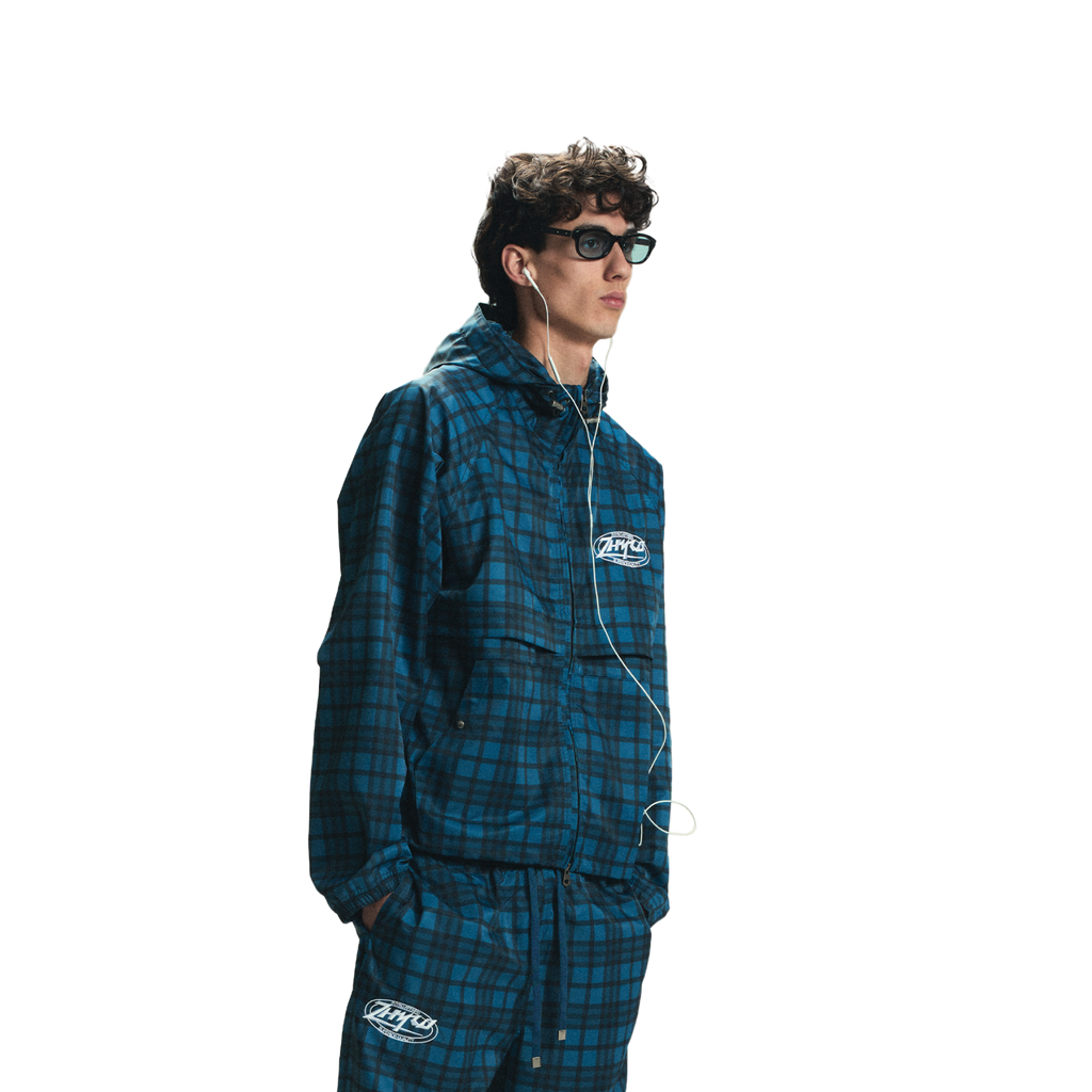 Hooded Plaid Windbreaker Jacket in Navy