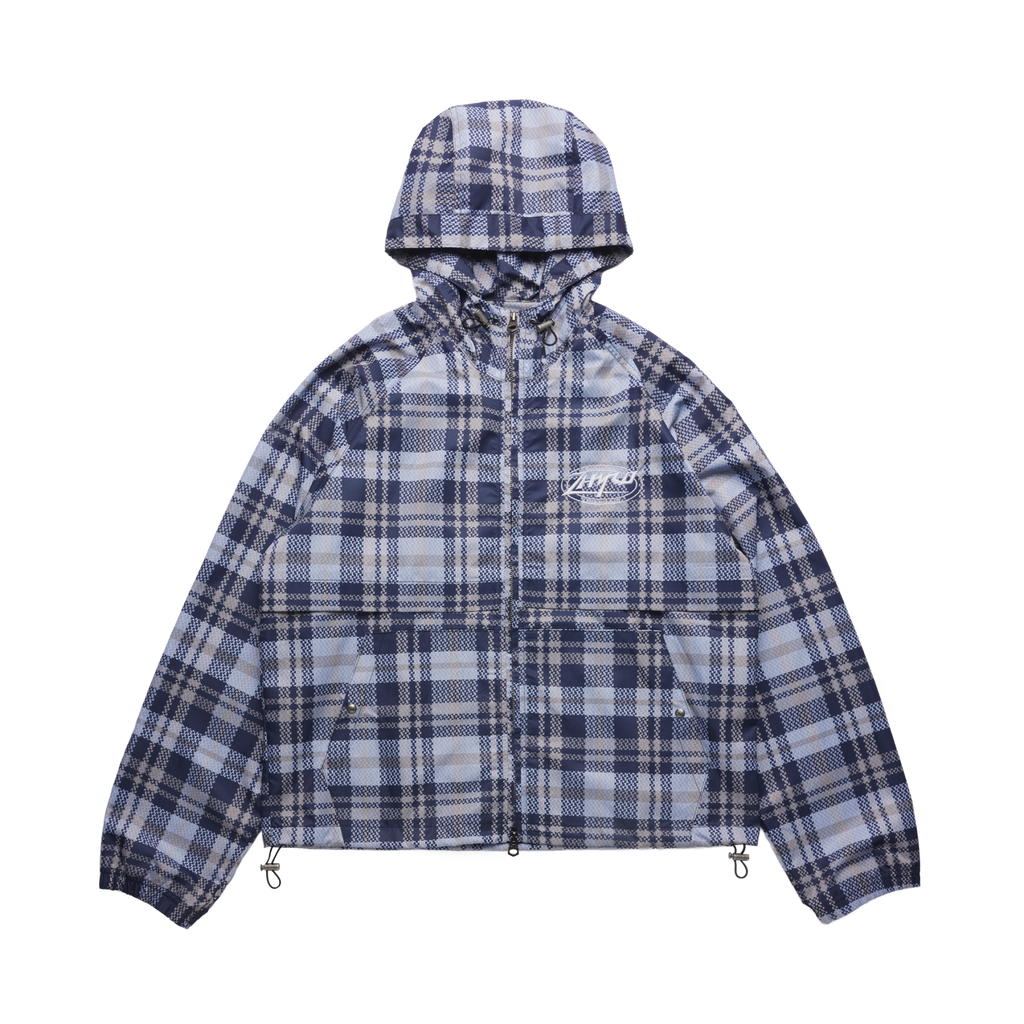 Hooded Plaid Windbreaker Jacket in Baby Blue
