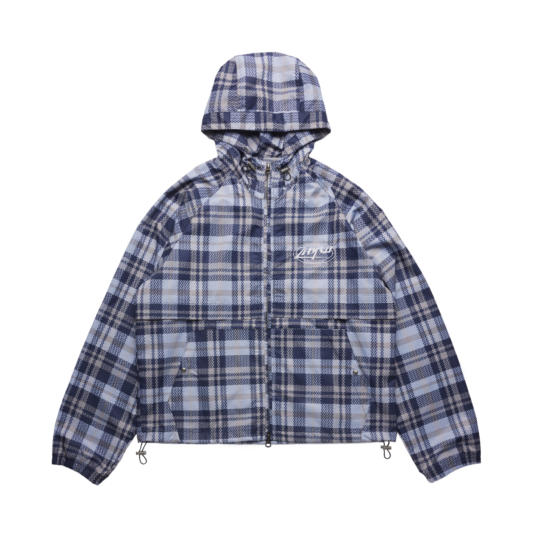 Hooded Plaid Windbreaker Jacket in Baby Blue