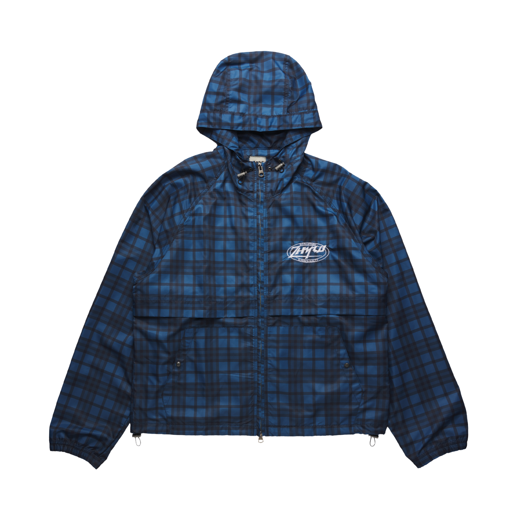 Hooded Plaid Windbreaker Jacket in Navy