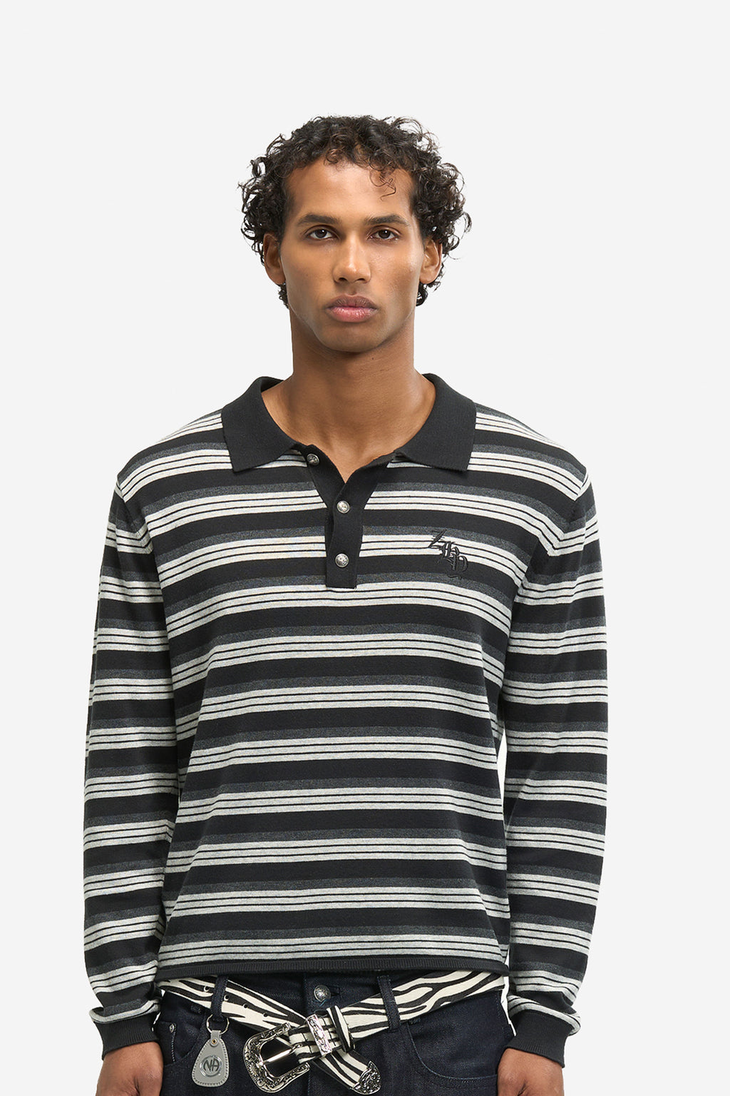 Knitted Striped L/S Polo in Black