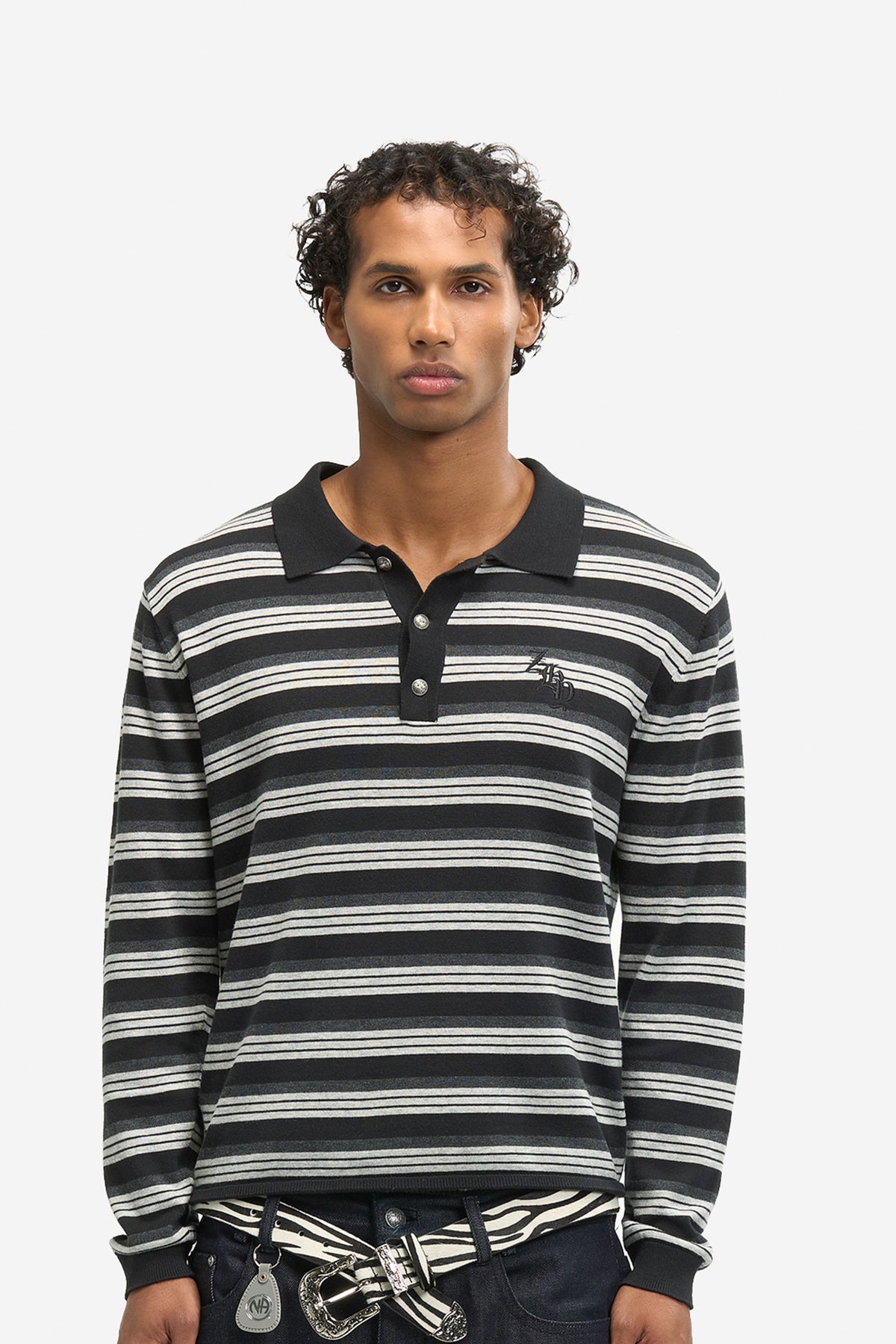 Knitted Striped L/S Polo in Black