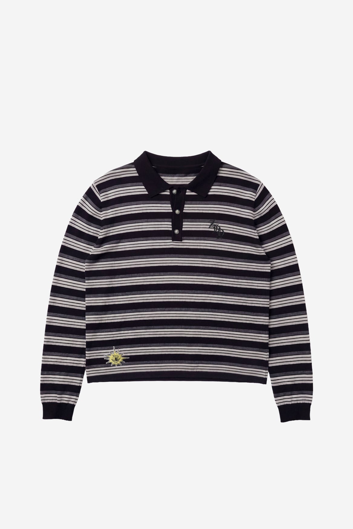 Knitted Striped L/S Polo in Black